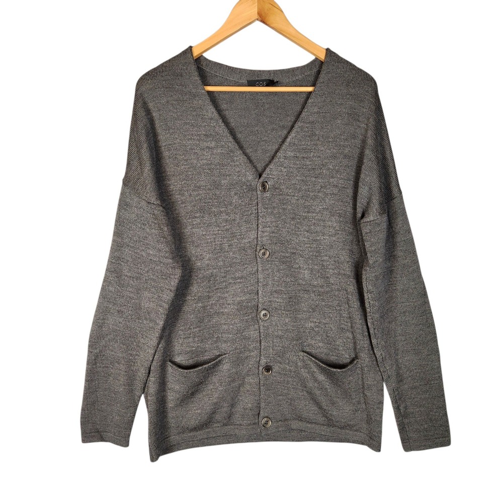 COS Cardigan Large Gray 100% Wool V-Neck Oversized Dropped Shoulder Pockets